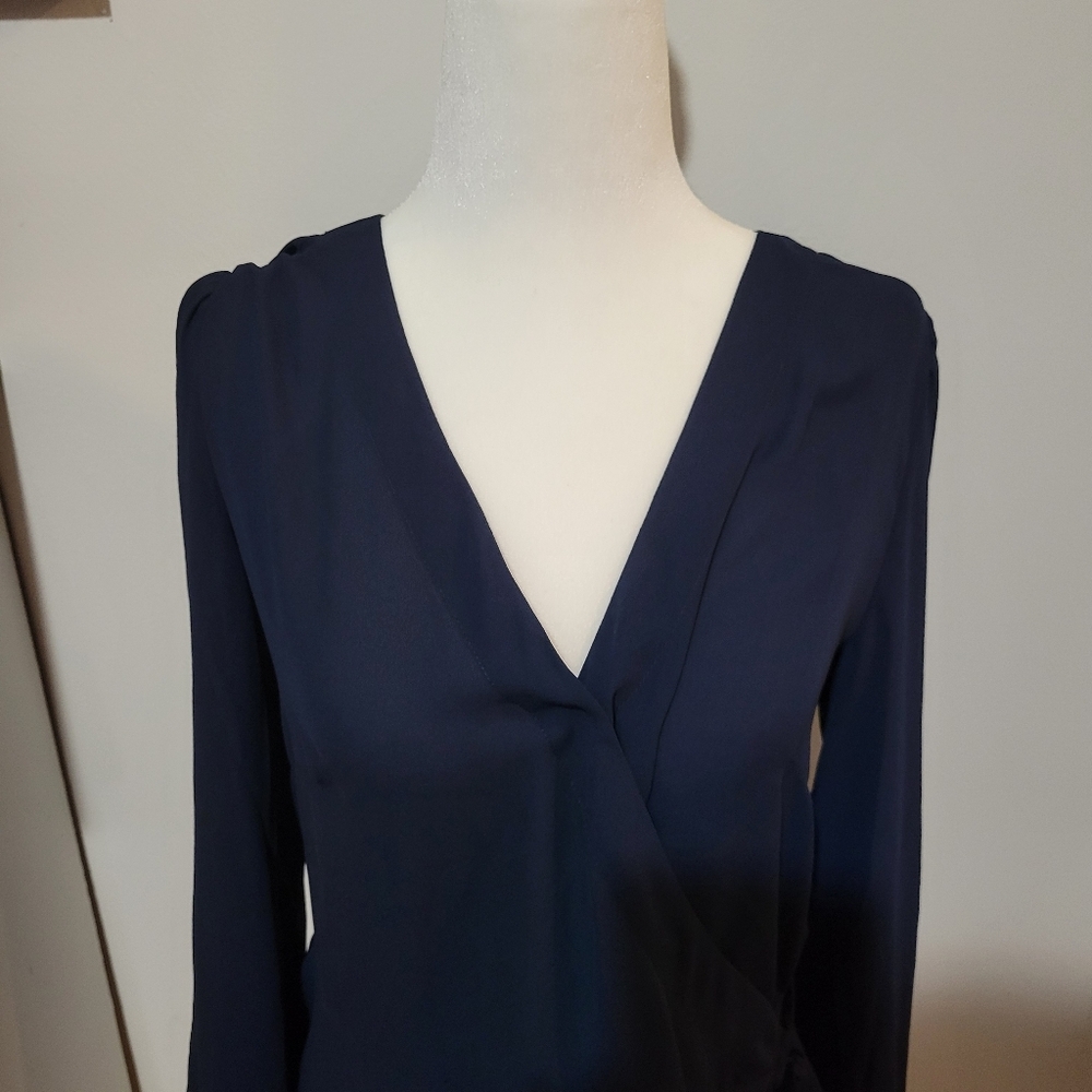 NWT LOFT solid Navy Long Sleeve V Neck Wrap Blouse Workwear | Small - Picture 2 of 10